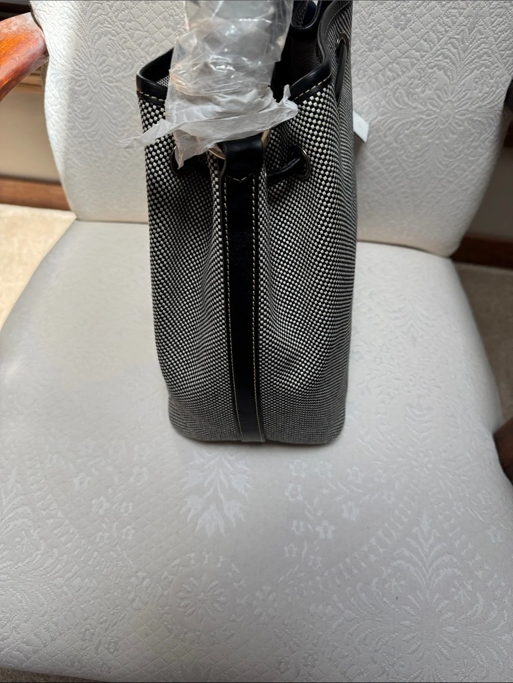 Black & White Textured fabric Bucket Bag with Tassel Drawstring NWT